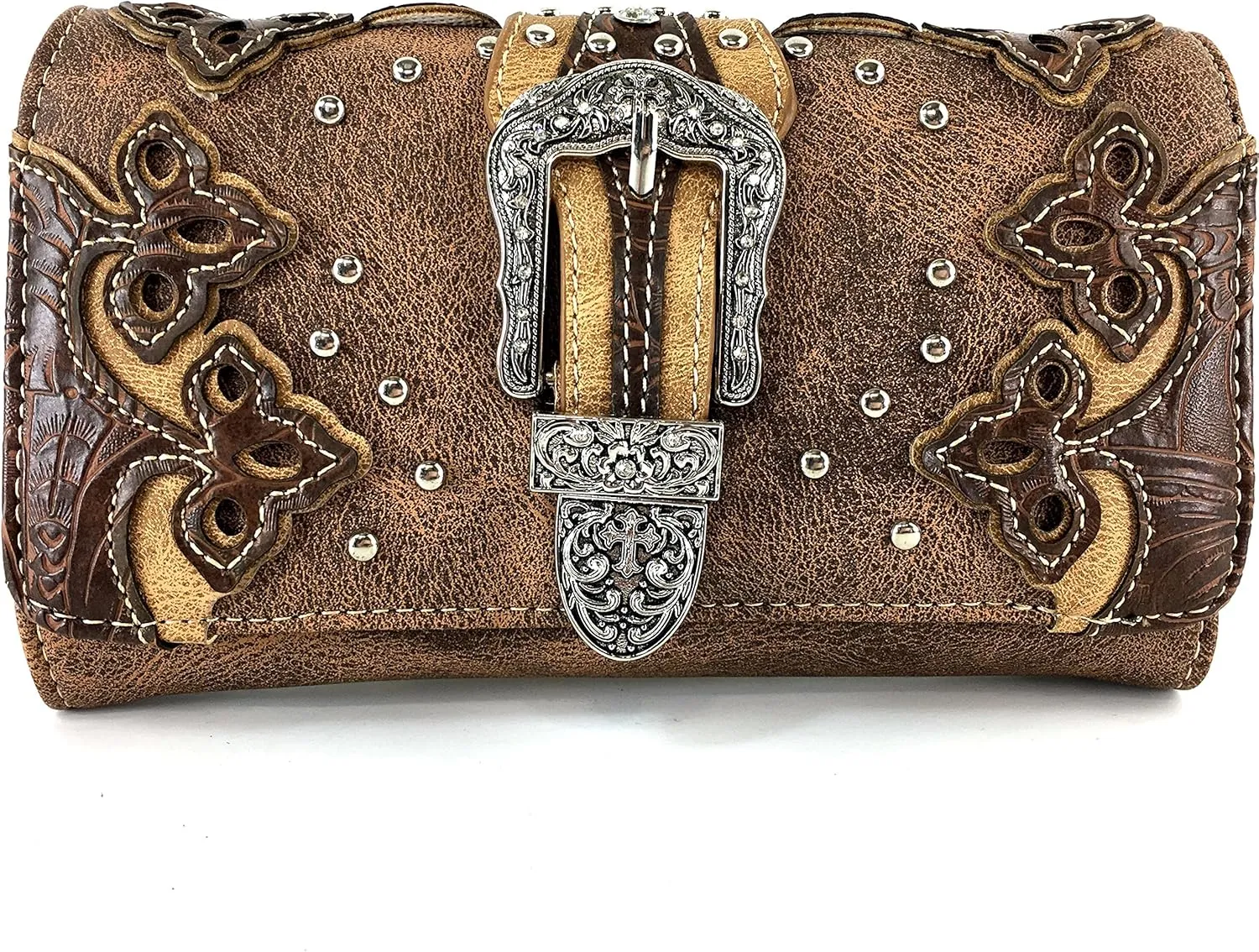 Justin West Tooled Laser Cut Leather Floral Embroidery Rhinestone Buckle Studded Concealed Tote Handbag Purse (Brown Wallet)