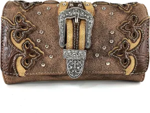 Justin West Tooled Laser Cut Leather Floral Embroidery Rhinestone Buckle Studded Concealed Tote Handbag Purse (Brown Wallet)