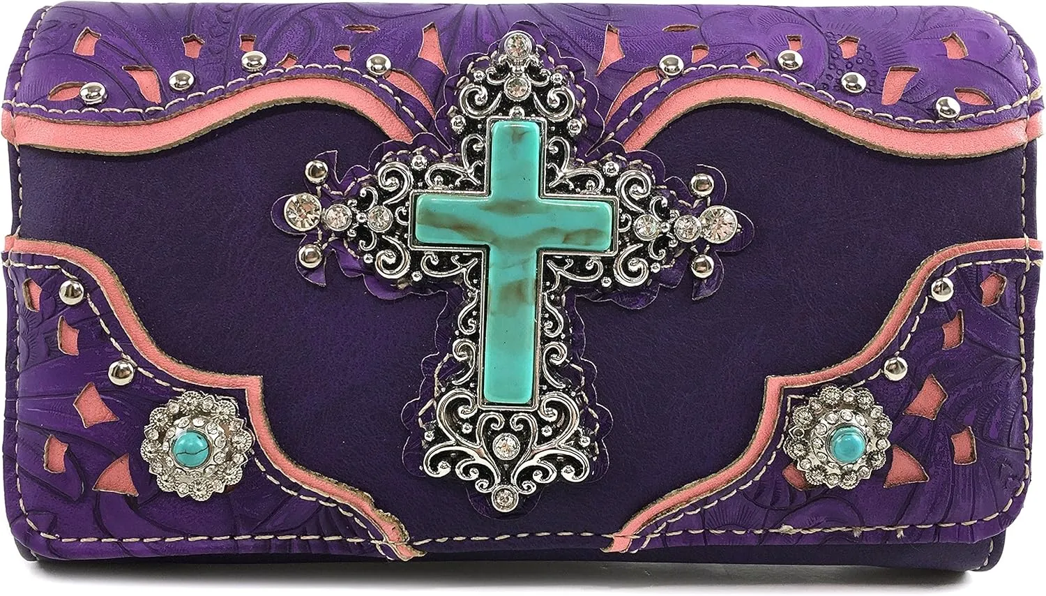 Justin West Tooled Leather Laser Cut Turquoise Rhinestone Cross Concho Studded Messenger Handbag with CrossBody Strap