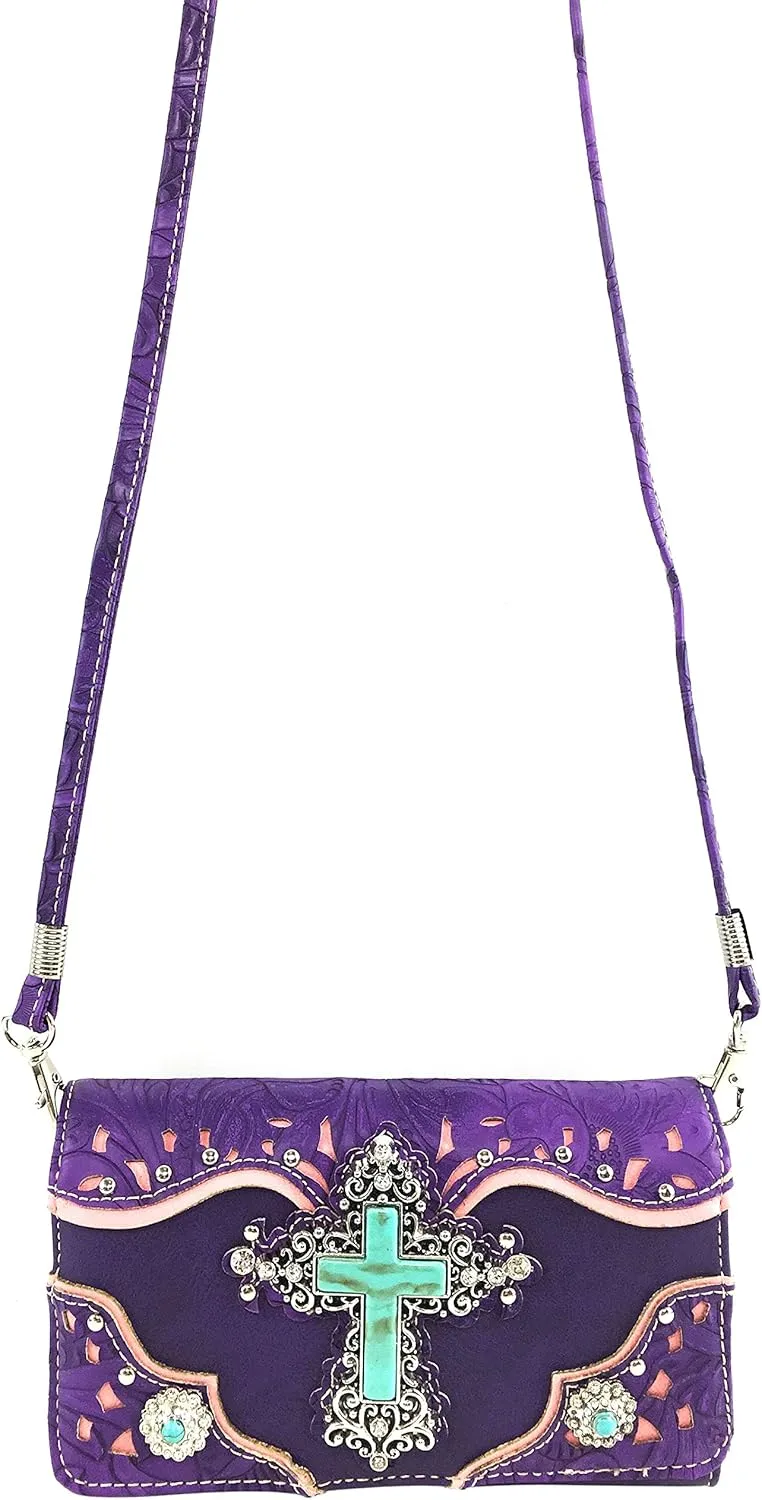 Justin West Tooled Leather Laser Cut Turquoise Rhinestone Cross Concho Studded Messenger Handbag with CrossBody Strap