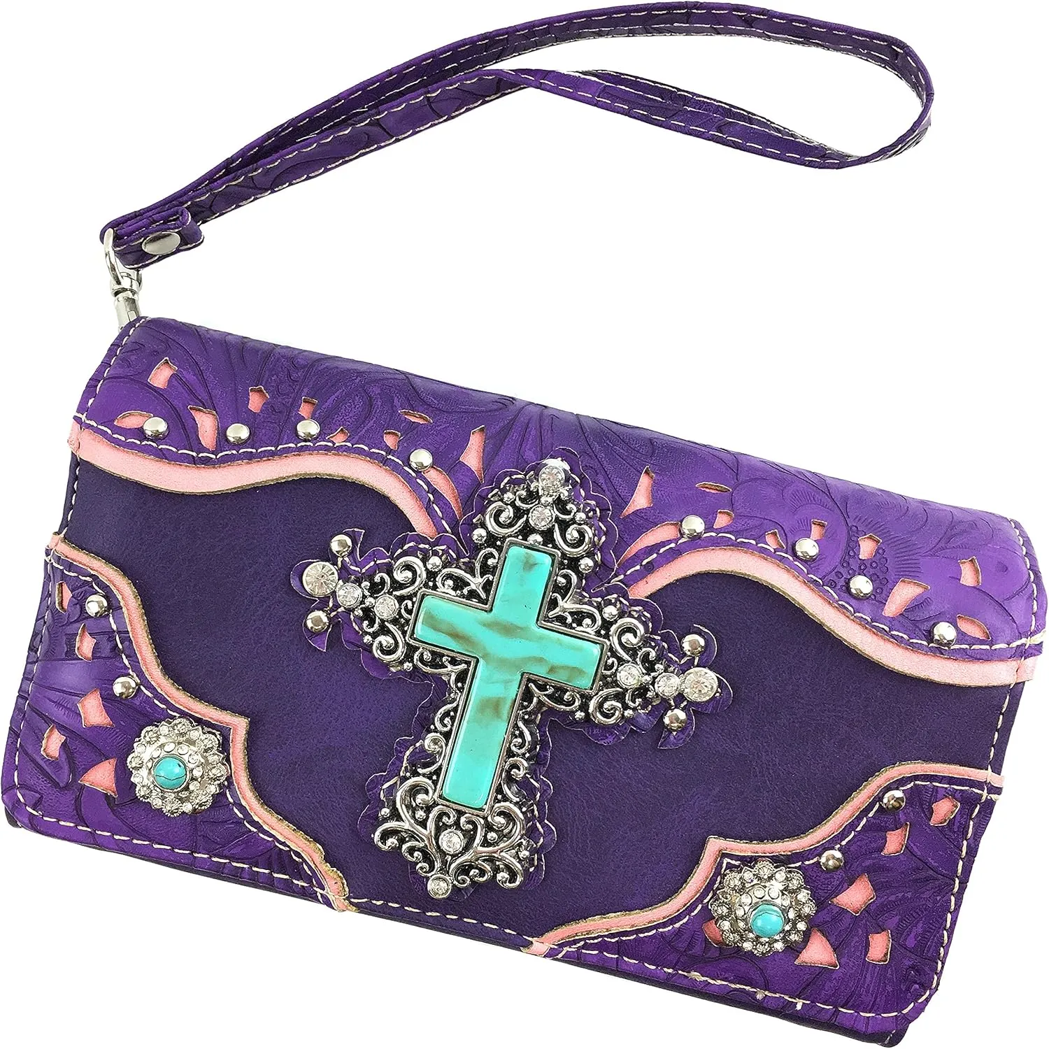 Justin West Tooled Leather Laser Cut Turquoise Rhinestone Cross Concho Studded Messenger Handbag with CrossBody Strap