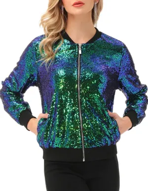 KANCY KOLE Womens Sequin Jacket with Pockets Casual Long Sleeve Front Zip Party Bomber Blazer S-2XL