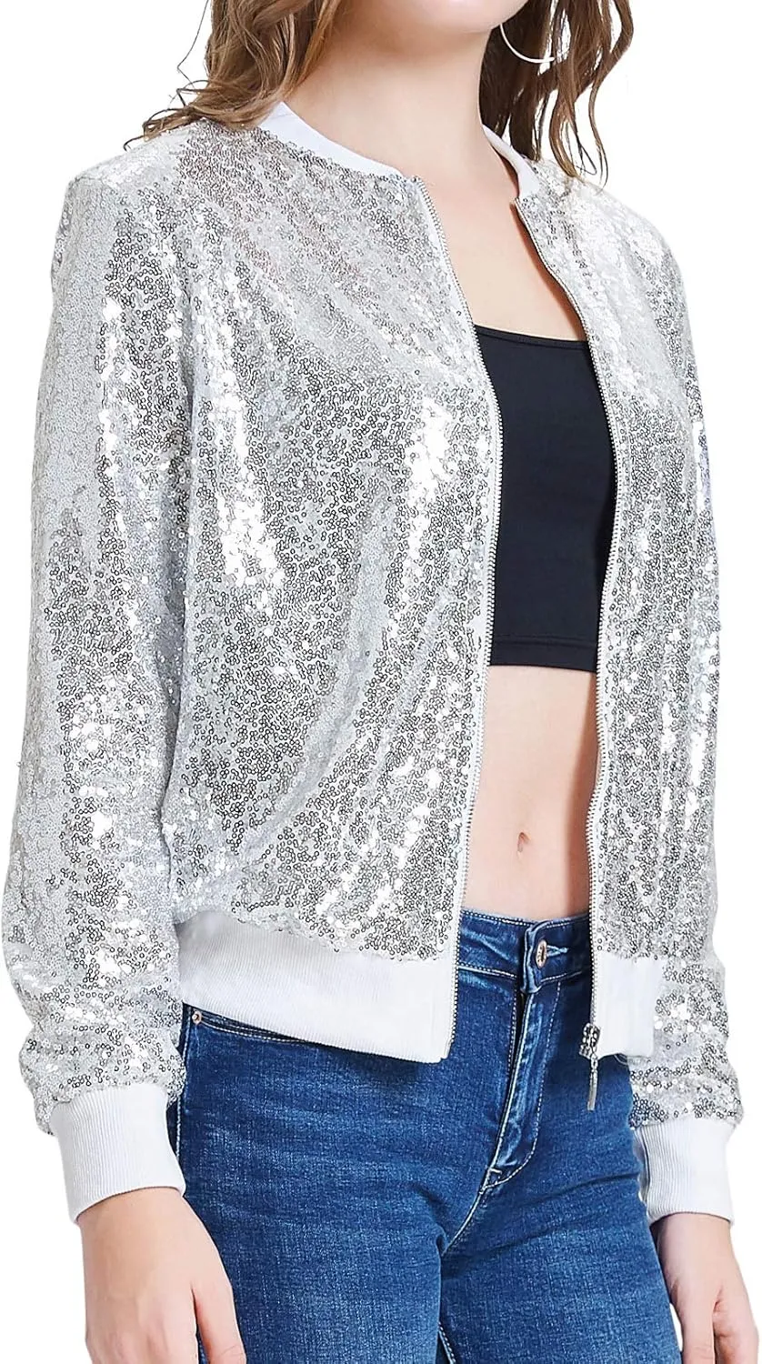 KANCY KOLE Womens Sequin Jacket with Pockets Casual Long Sleeve Front Zip Party Bomber Blazer S-2XL