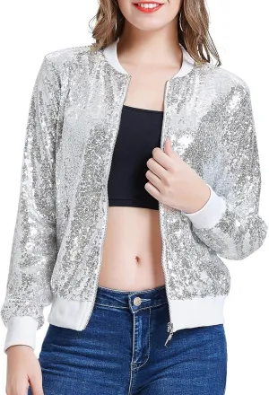 KANCY KOLE Womens Sequin Jacket with Pockets Casual Long Sleeve Front Zip Party Bomber Blazer S-2XL