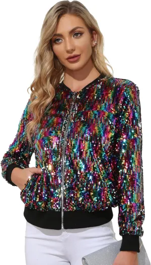 KANCY KOLE Womens Sequin Jacket with Pockets Casual Long Sleeve Front Zip Party Bomber Blazer S-2XL