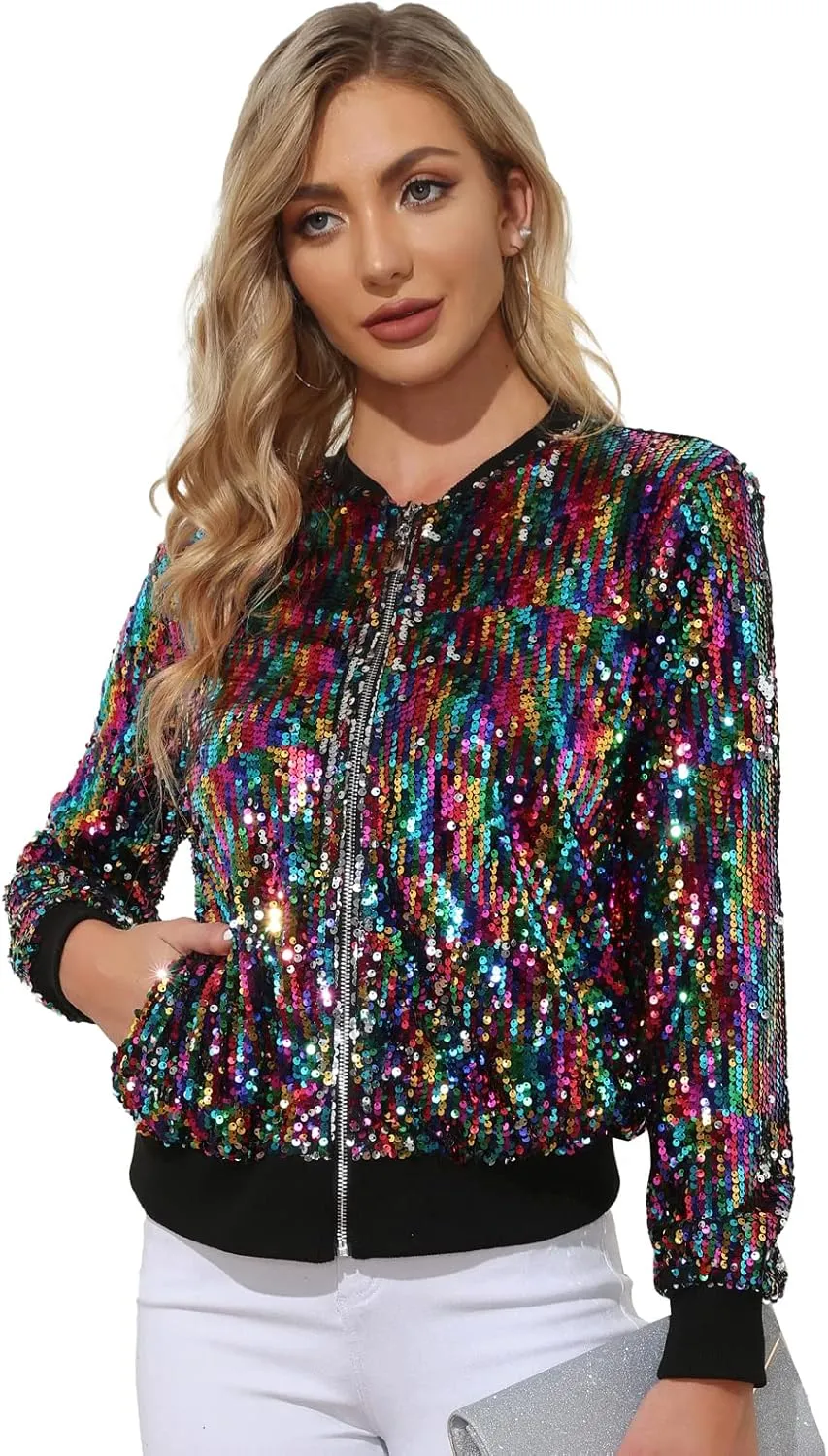 KANCY KOLE Womens Sequin Jacket with Pockets Casual Long Sleeve Front Zip Party Bomber Blazer S-2XL