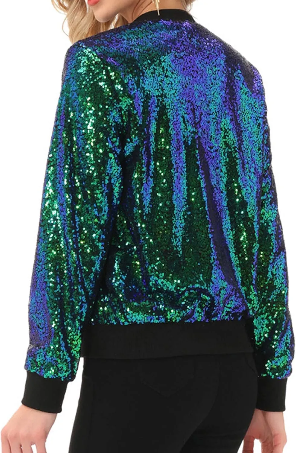 KANCY KOLE Womens Sequin Jacket with Pockets Casual Long Sleeve Front Zip Party Bomber Blazer S-2XL