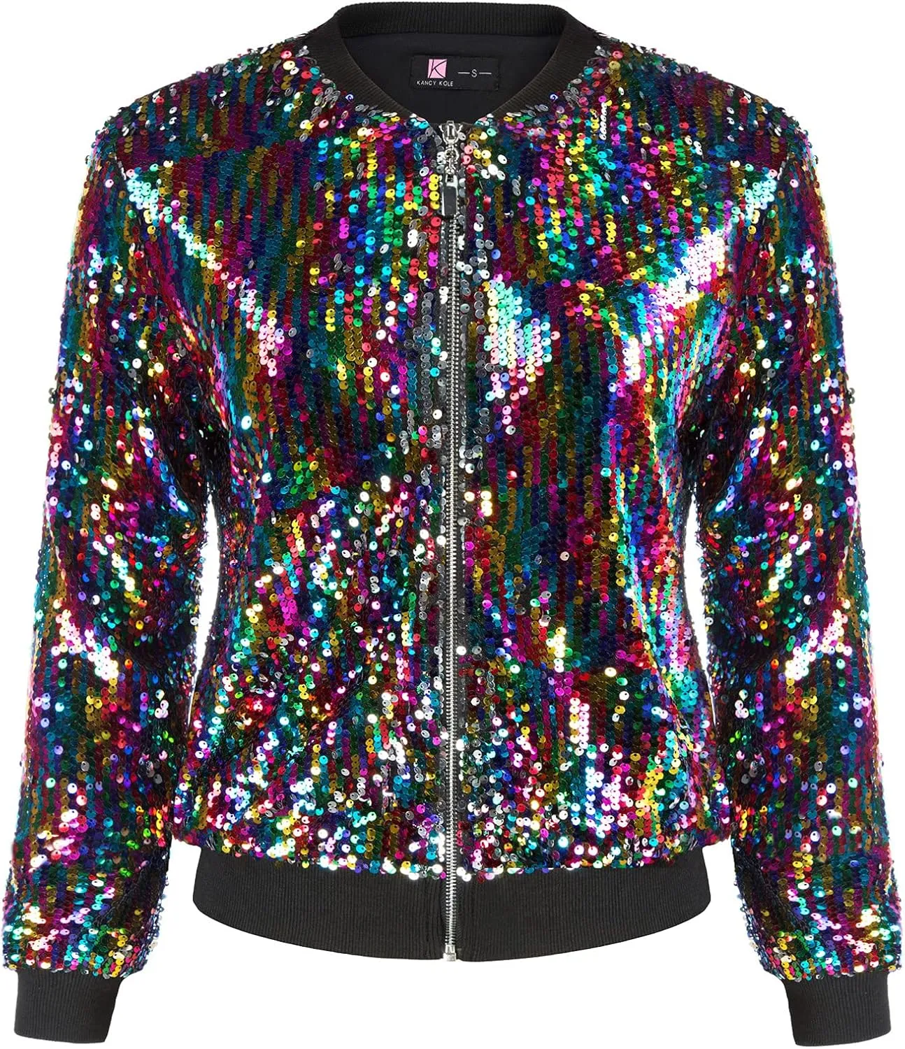 KANCY KOLE Womens Sequin Jacket with Pockets Casual Long Sleeve Front Zip Party Bomber Blazer S-2XL