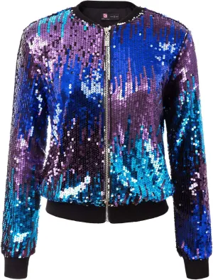 KANCY KOLE Womens Sequin Jacket with Pockets Casual Long Sleeve Front Zip Party Bomber Blazer S-2XL