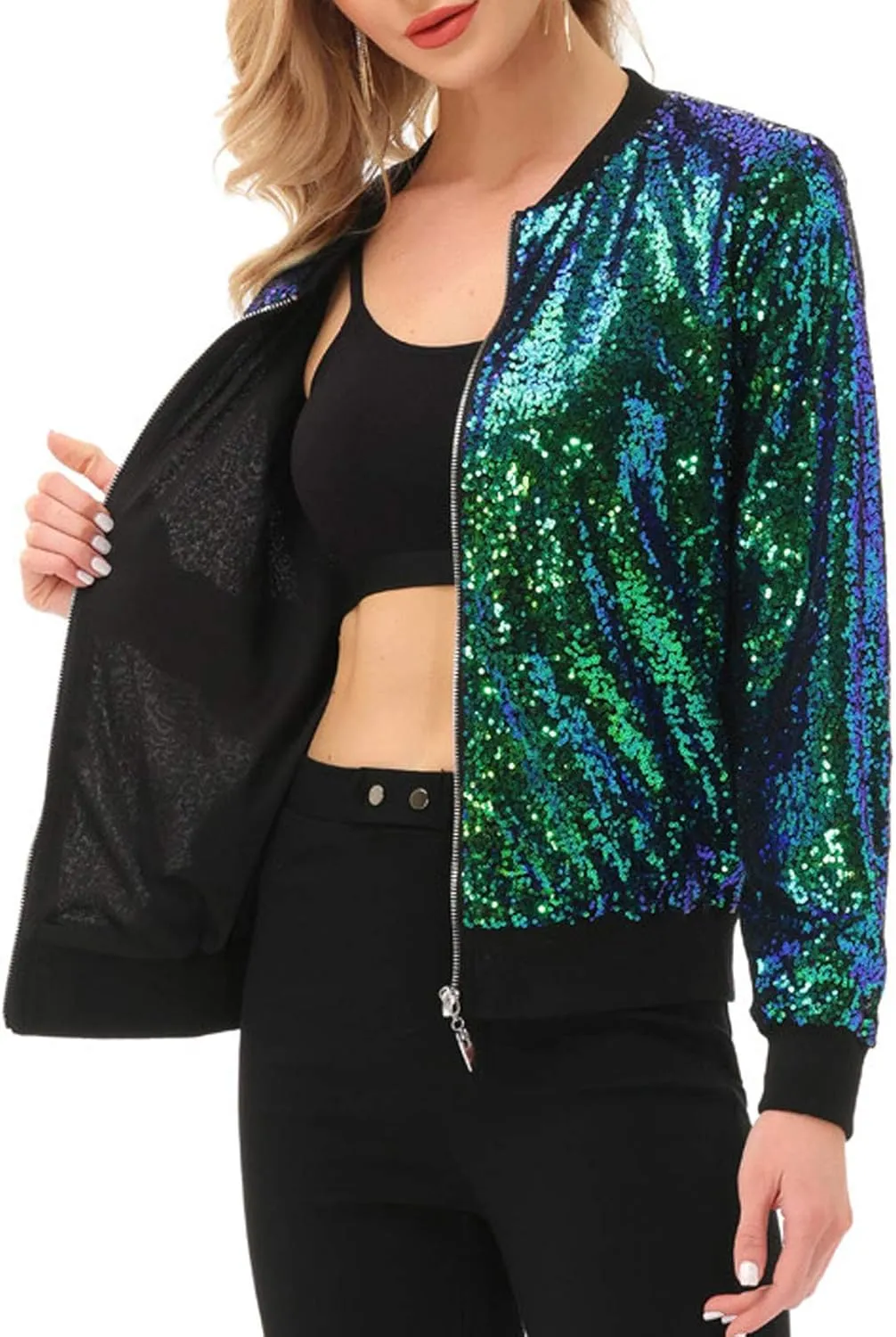 KANCY KOLE Womens Sequin Jacket with Pockets Casual Long Sleeve Front Zip Party Bomber Blazer S-2XL