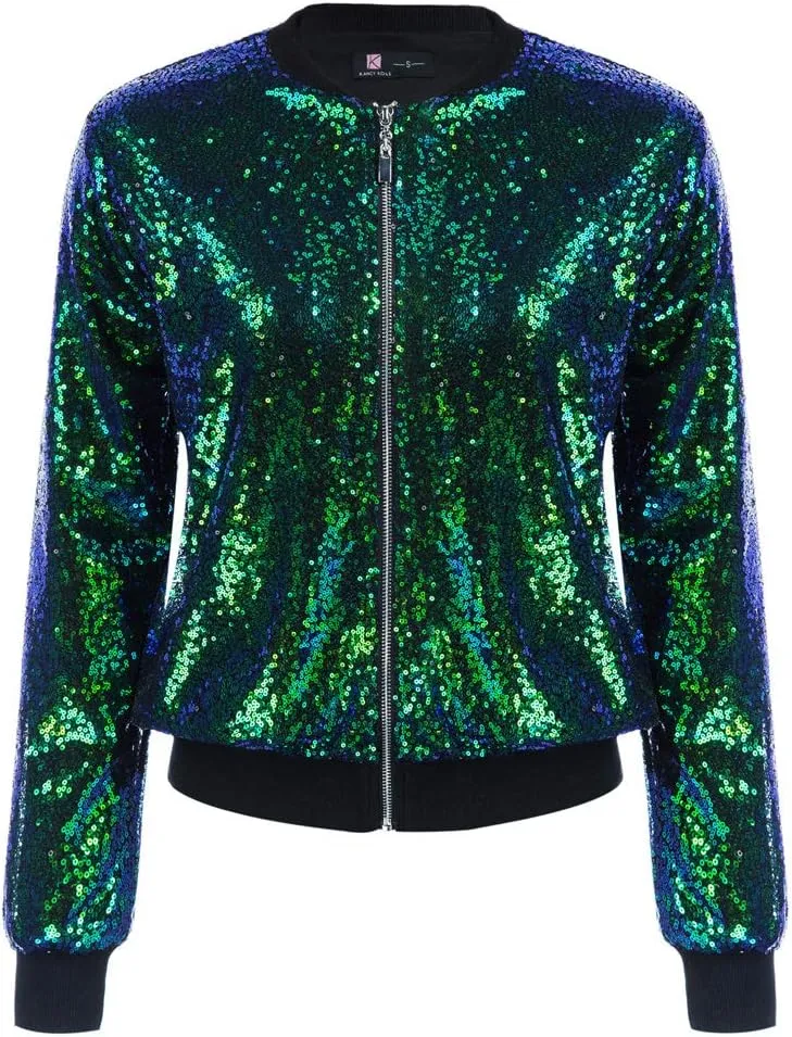 KANCY KOLE Womens Sequin Jacket with Pockets Casual Long Sleeve Front Zip Party Bomber Blazer S-2XL