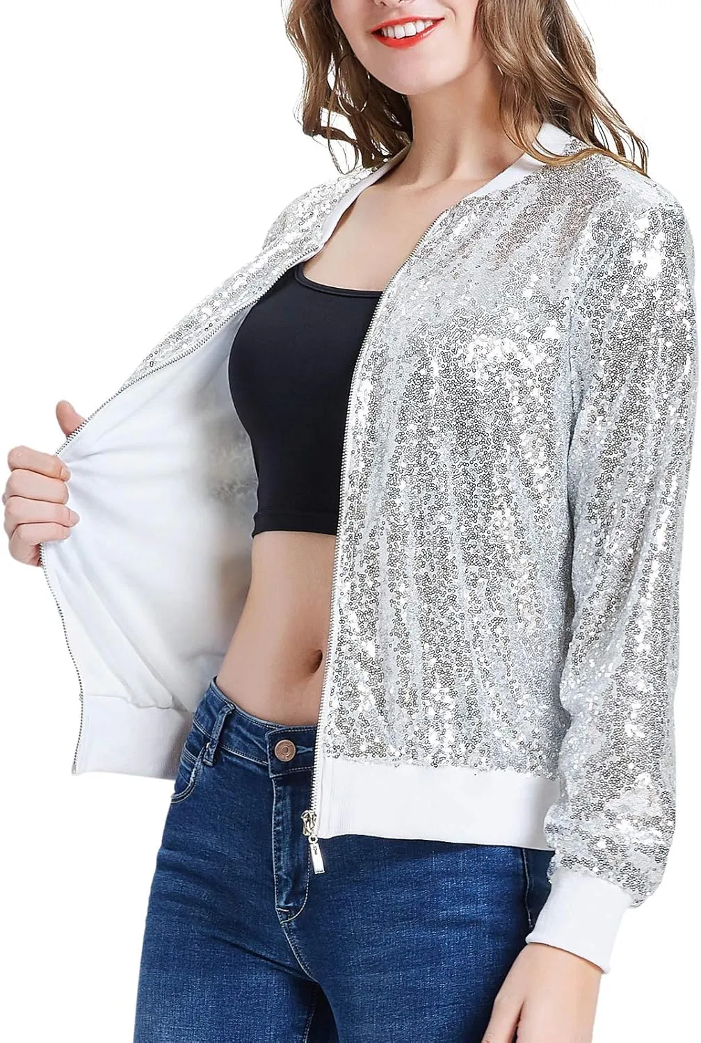 KANCY KOLE Womens Sequin Jacket with Pockets Casual Long Sleeve Front Zip Party Bomber Blazer S-2XL