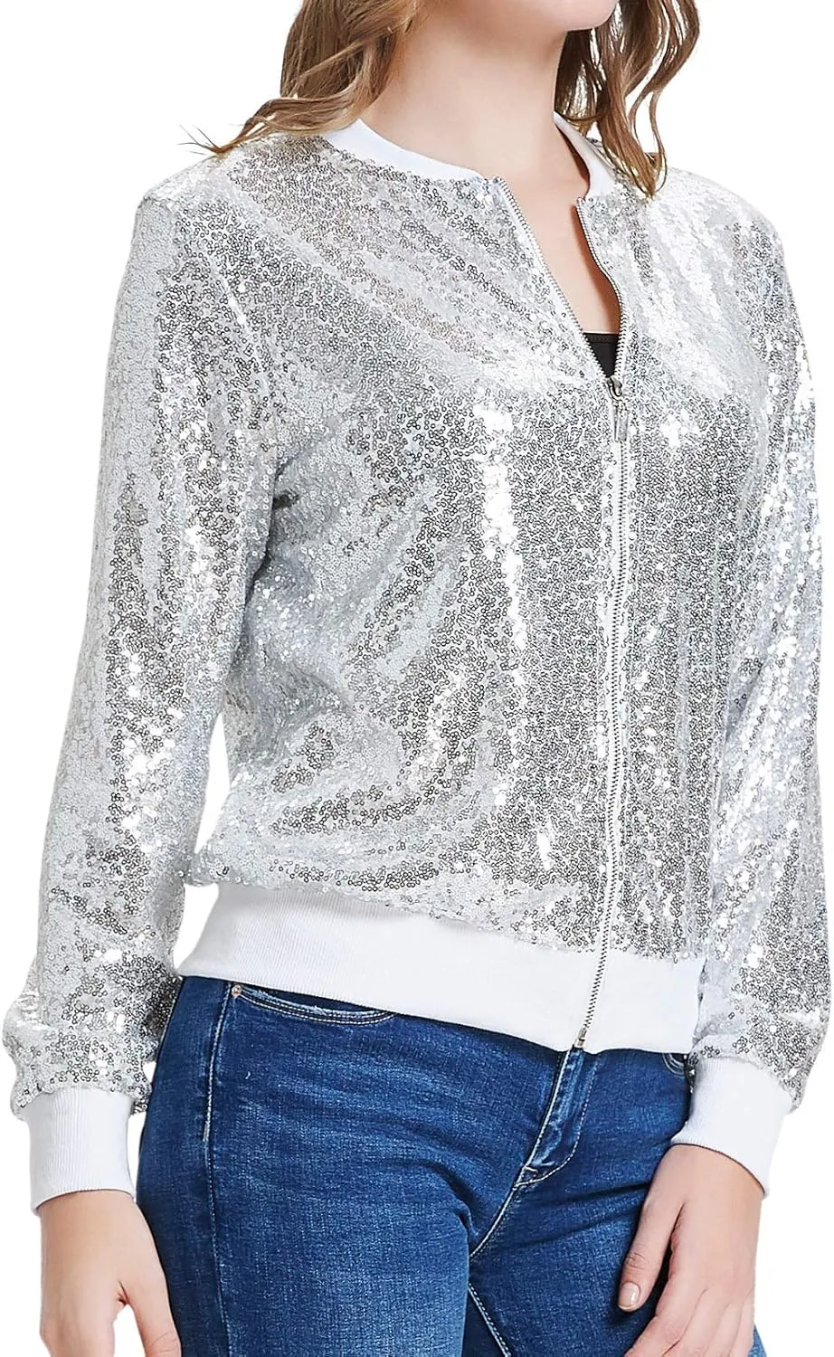 KANCY KOLE Womens Sequin Jacket with Pockets Casual Long Sleeve Front Zip Party Bomber Blazer S-2XL