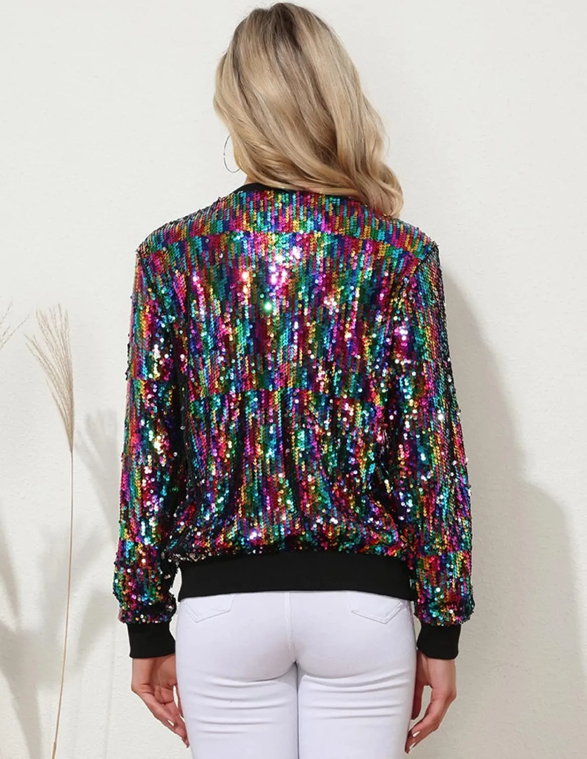 KANCY KOLE Womens Sequin Jacket with Pockets Casual Long Sleeve Front Zip Party Bomber Blazer S-2XL