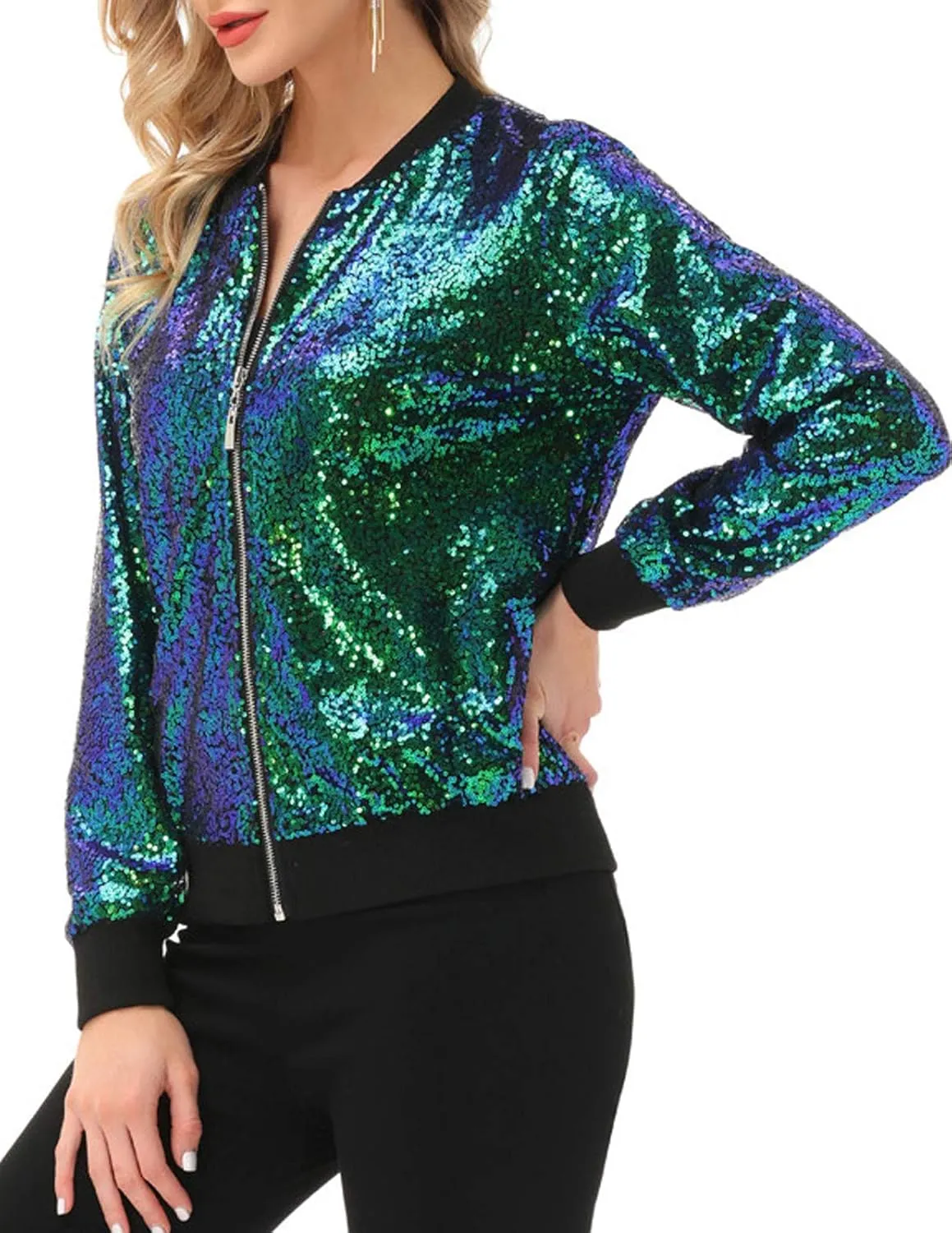 KANCY KOLE Womens Sequin Jacket with Pockets Casual Long Sleeve Front Zip Party Bomber Blazer S-2XL