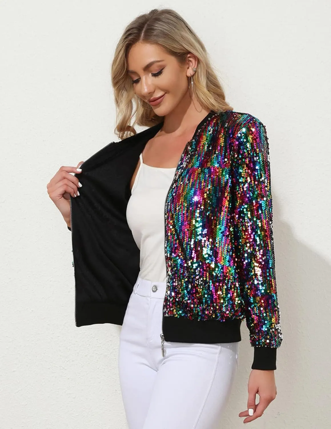 KANCY KOLE Womens Sequin Jacket with Pockets Casual Long Sleeve Front Zip Party Bomber Blazer S-2XL
