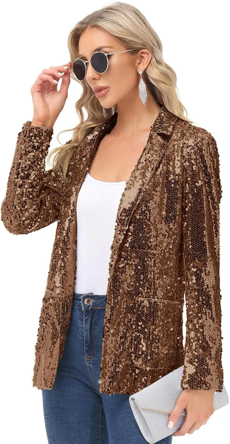 KANCY KOLE Women's Sequin Jackets Open Front Blazer Jacket Casual Long Sleeve Sparkly Cardigan Coat with Pocket S-XXL