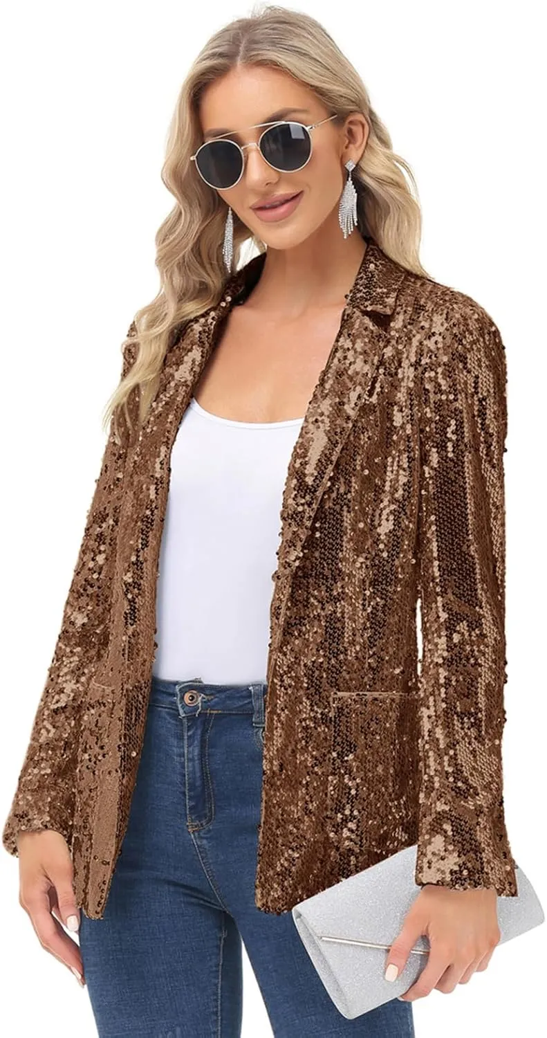 KANCY KOLE Women's Sequin Jackets Open Front Blazer Jacket Casual Long Sleeve Sparkly Cardigan Coat with Pocket S-XXL