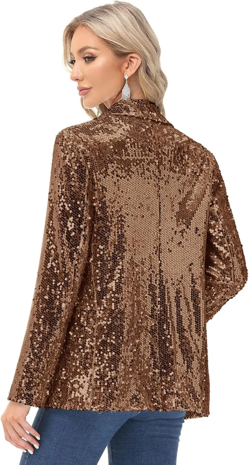 KANCY KOLE Women's Sequin Jackets Open Front Blazer Jacket Casual Long Sleeve Sparkly Cardigan Coat with Pocket S-XXL