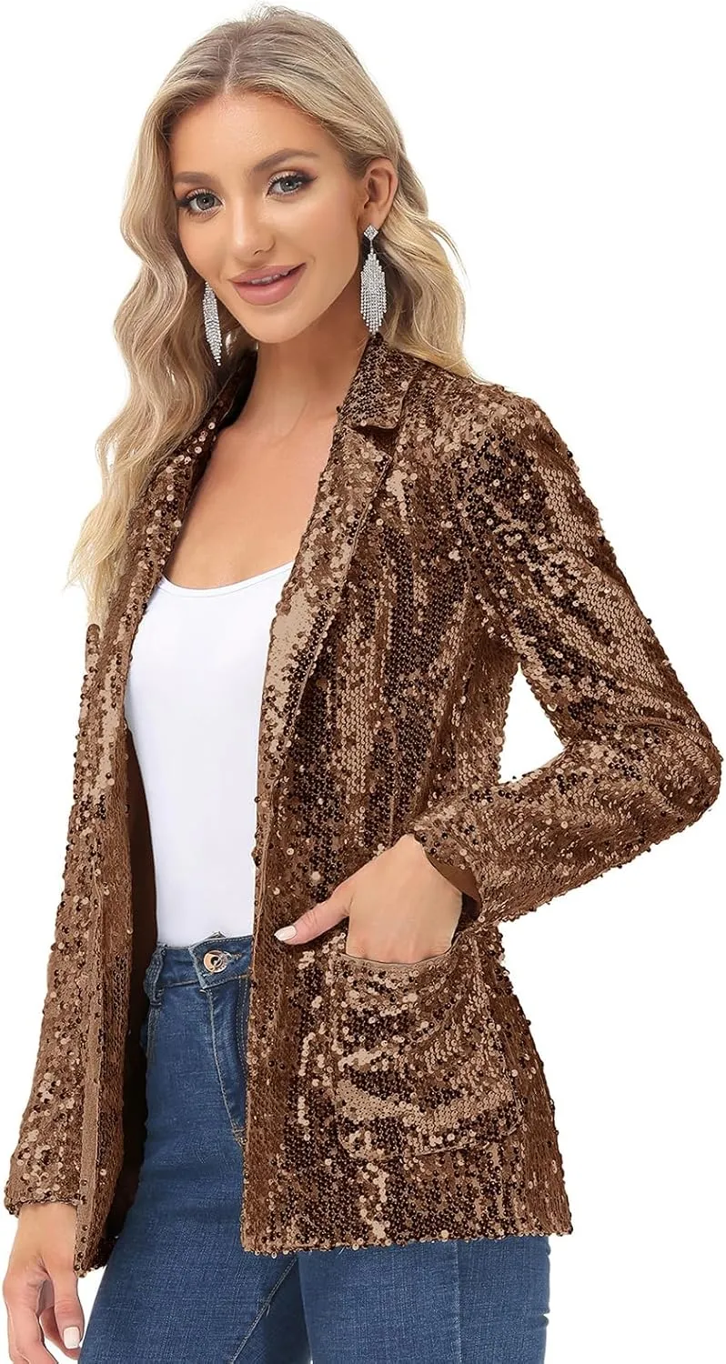 KANCY KOLE Women's Sequin Jackets Open Front Blazer Jacket Casual Long Sleeve Sparkly Cardigan Coat with Pocket S-XXL