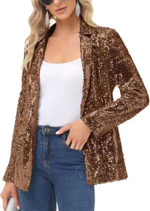 KANCY KOLE Women's Sequin Jackets Open Front Blazer Jacket Casual Long Sleeve Sparkly Cardigan Coat with Pocket S-XXL
