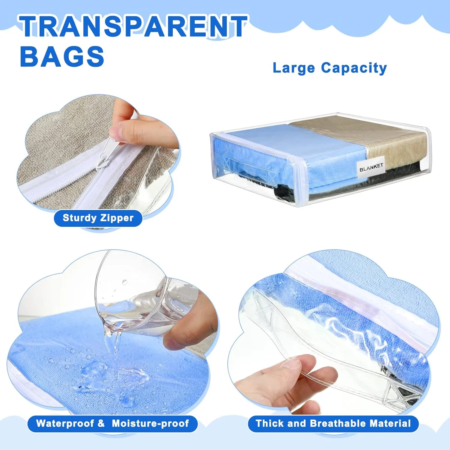 Kenning Set of 20 Clear Vinyl Zippered Storage Bags for Sheet Organizer Plastic Sweater Bags with Handle Pocket for Bed Blanket Throw Pillow(White,11 x 15 x 4 Inch)