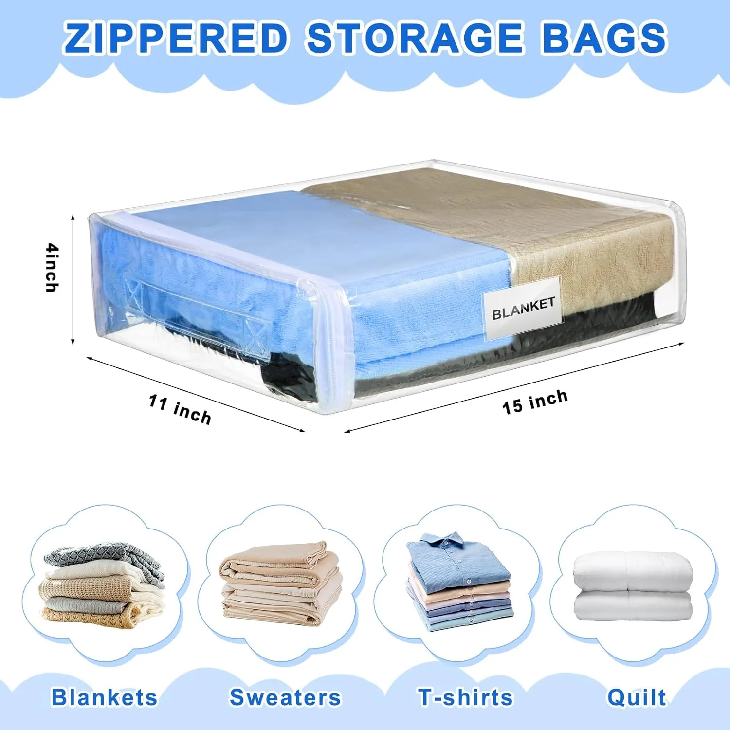 Kenning Set of 20 Clear Vinyl Zippered Storage Bags for Sheet Organizer Plastic Sweater Bags with Handle Pocket for Bed Blanket Throw Pillow(White,11 x 15 x 4 Inch)