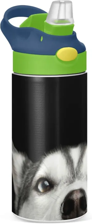 Kigai Husky Dog Kids Water Bottle with Straw Lid, Double Wall Vacuum Insulated Stainless Steel Thermo Flask Water Bottle for School, Travel, Camping, hiking