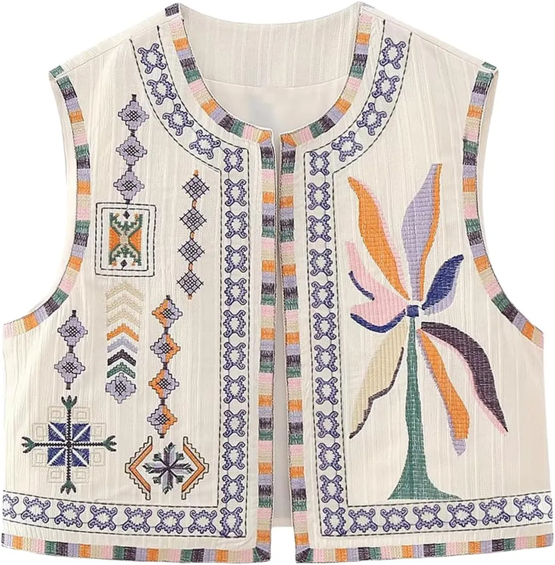 Kimydreama Women Vintage Floral Embroidered Vest Tops Y2k Sleeveless Linen Open Front Cardigan Boho Blouses Waistcoat