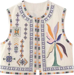 Kimydreama Women Vintage Floral Embroidered Vest Tops Y2k Sleeveless Linen Open Front Cardigan Boho Blouses Waistcoat