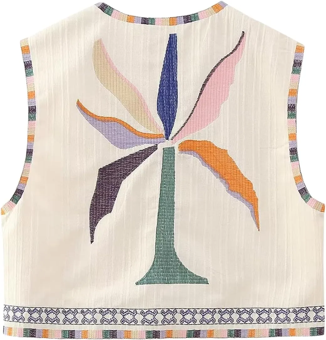 Kimydreama Women Vintage Floral Embroidered Vest Tops Y2k Sleeveless Linen Open Front Cardigan Boho Blouses Waistcoat