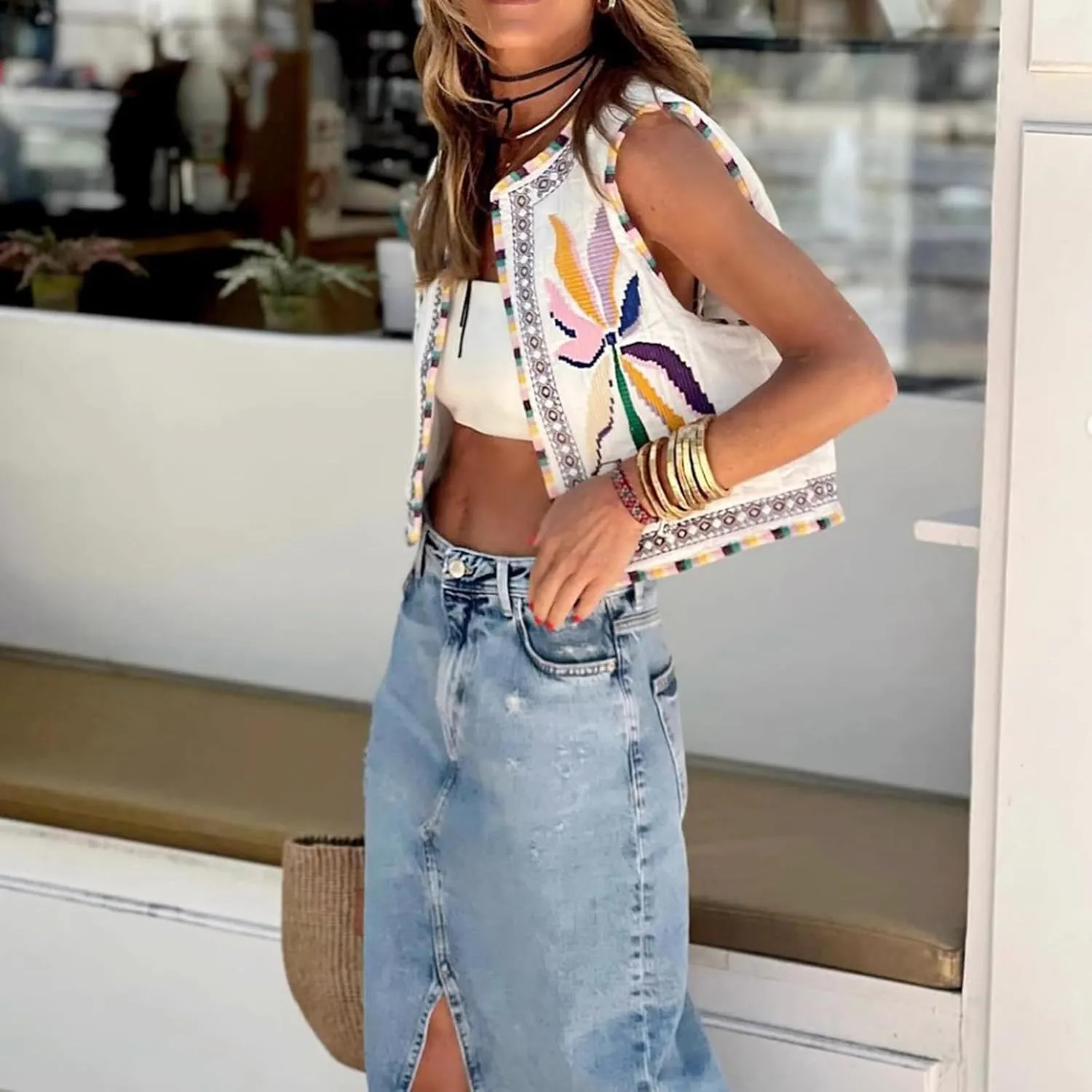 Kimydreama Women Vintage Floral Embroidered Vest Tops Y2k Sleeveless Linen Open Front Cardigan Boho Blouses Waistcoat