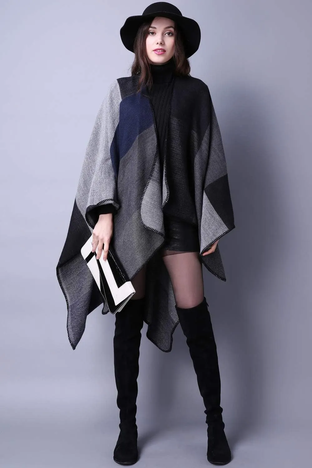 KirGiabo Women's Plaid Sweater Poncho Cape Coat Open Front Blanket Shawls and Wraps