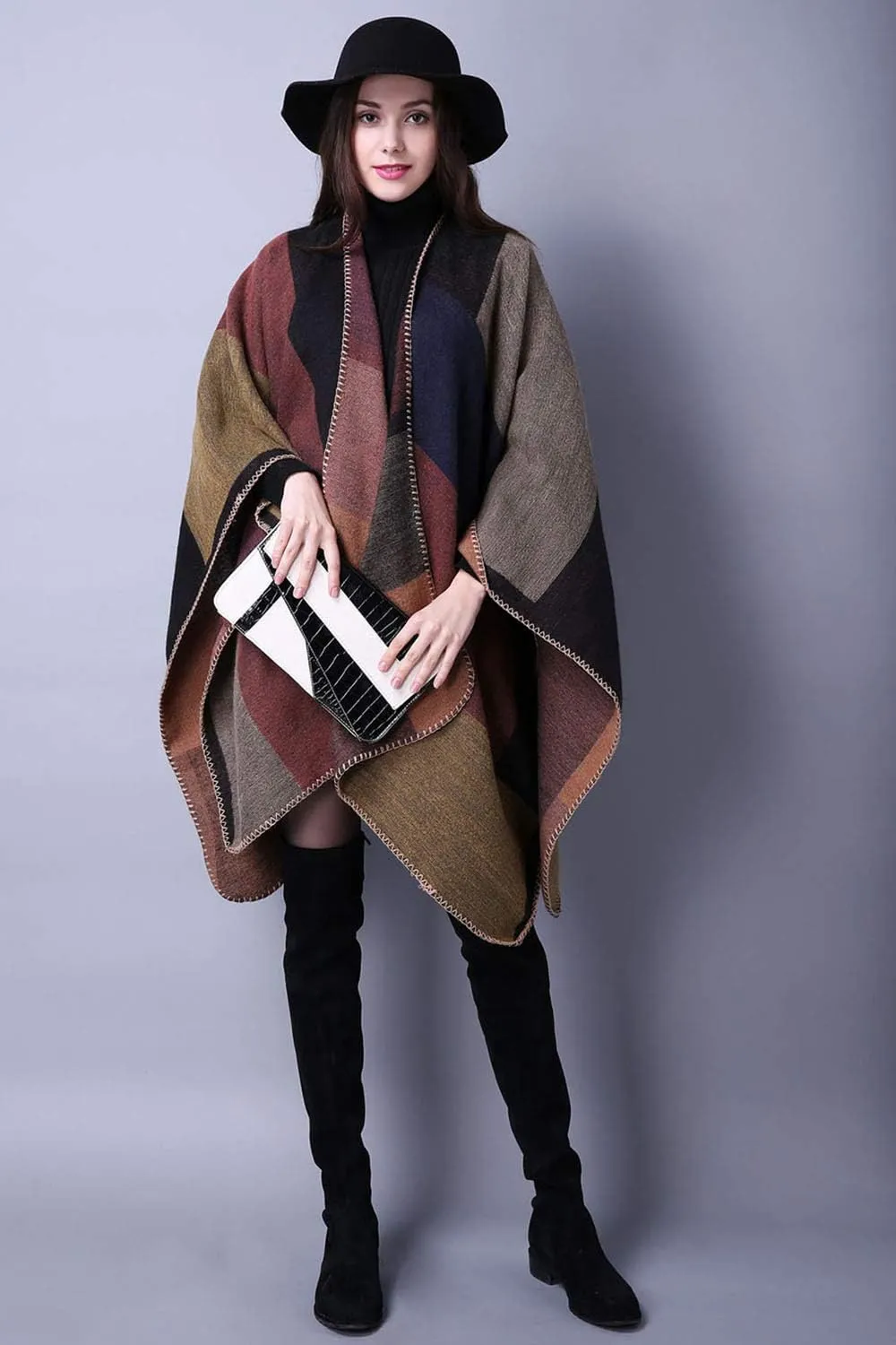 KirGiabo Women's Plaid Sweater Poncho Cape Coat Open Front Blanket Shawls and Wraps