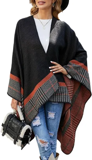 KirGiabo Women's Plaid Sweater Poncho Cape Coat Open Front Blanket Shawls and Wraps