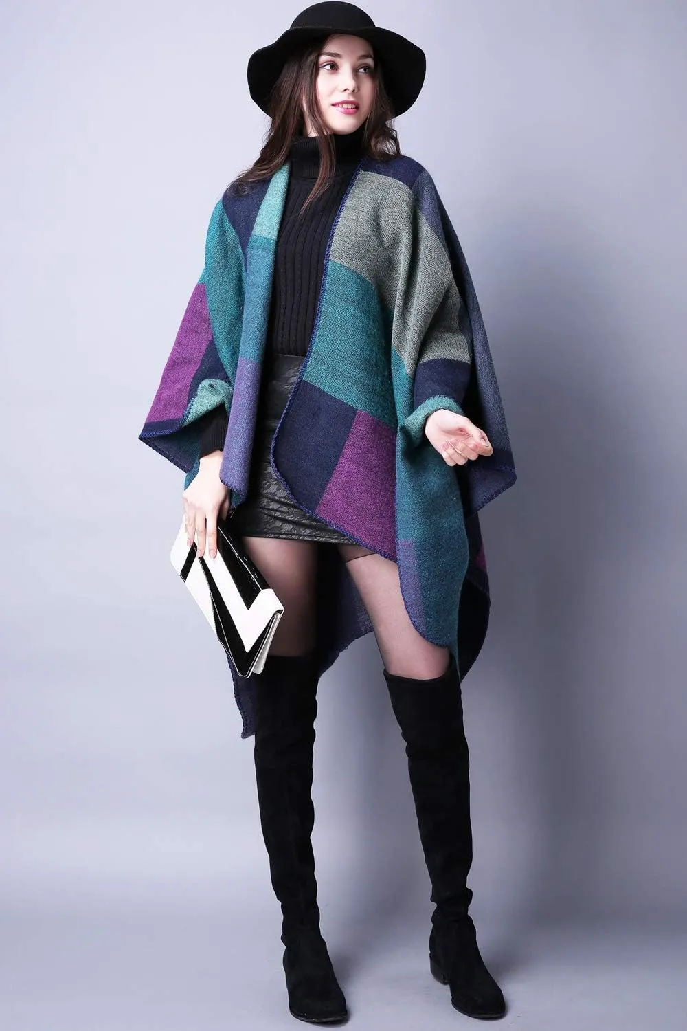 KirGiabo Women's Plaid Sweater Poncho Cape Coat Open Front Blanket Shawls and Wraps