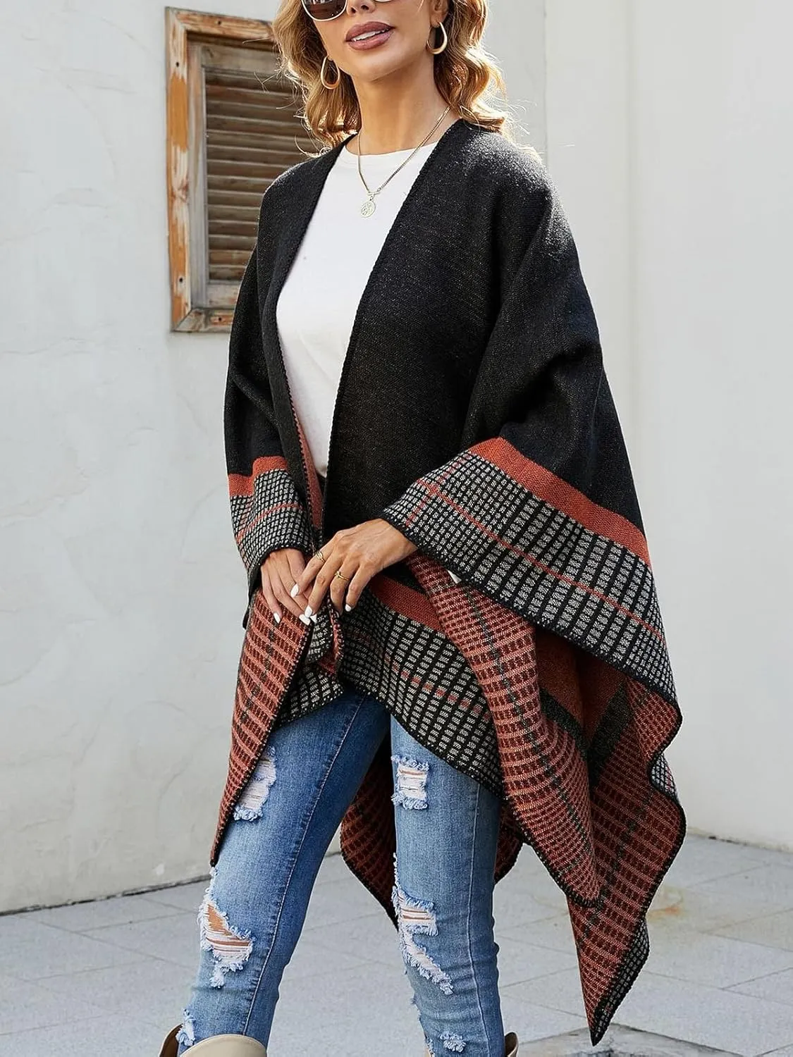 KirGiabo Women's Plaid Sweater Poncho Cape Coat Open Front Blanket Shawls and Wraps