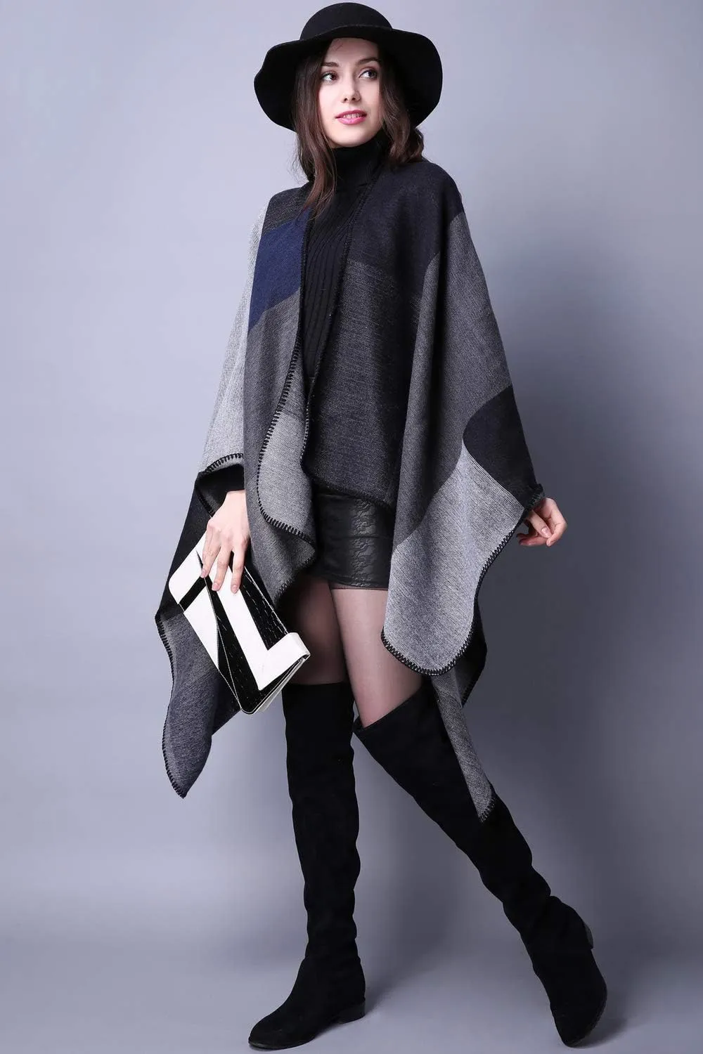 KirGiabo Women's Plaid Sweater Poncho Cape Coat Open Front Blanket Shawls and Wraps