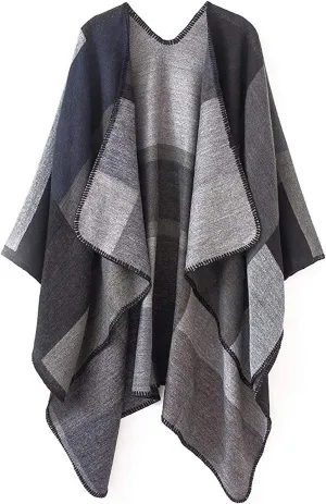 KirGiabo Women's Plaid Sweater Poncho Cape Coat Open Front Blanket Shawls and Wraps