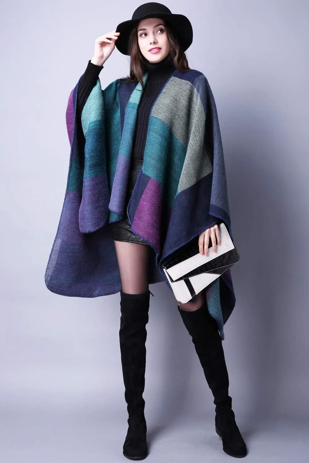 KirGiabo Women's Plaid Sweater Poncho Cape Coat Open Front Blanket Shawls and Wraps