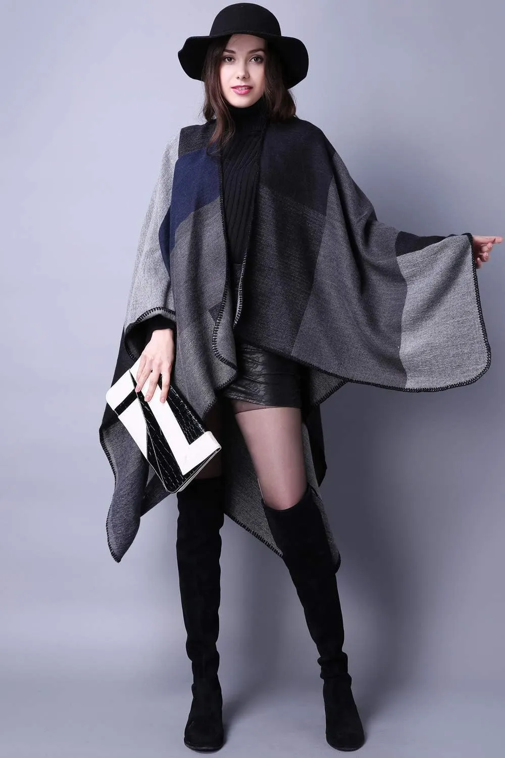KirGiabo Women's Plaid Sweater Poncho Cape Coat Open Front Blanket Shawls and Wraps