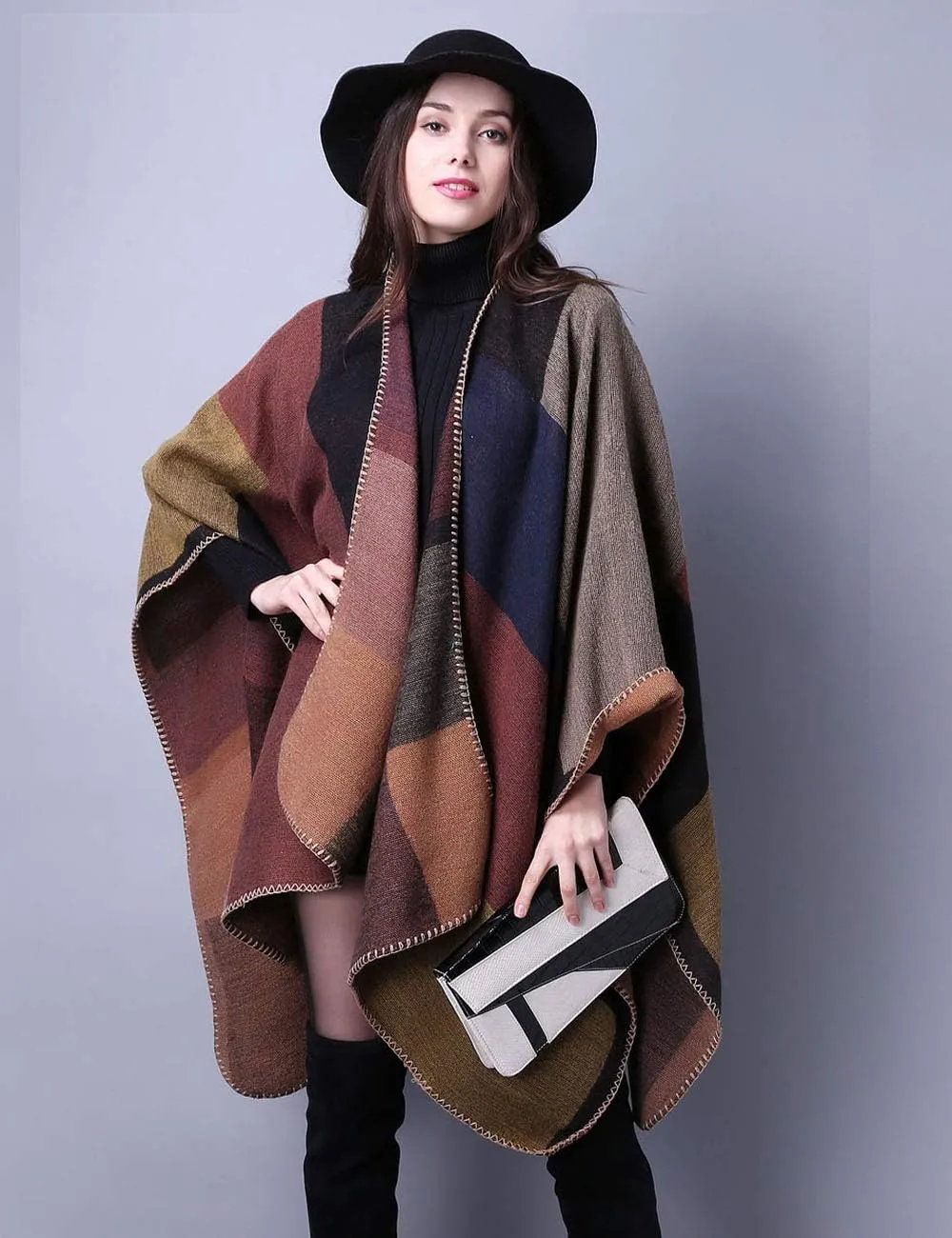 KirGiabo Women's Plaid Sweater Poncho Cape Coat Open Front Blanket Shawls and Wraps