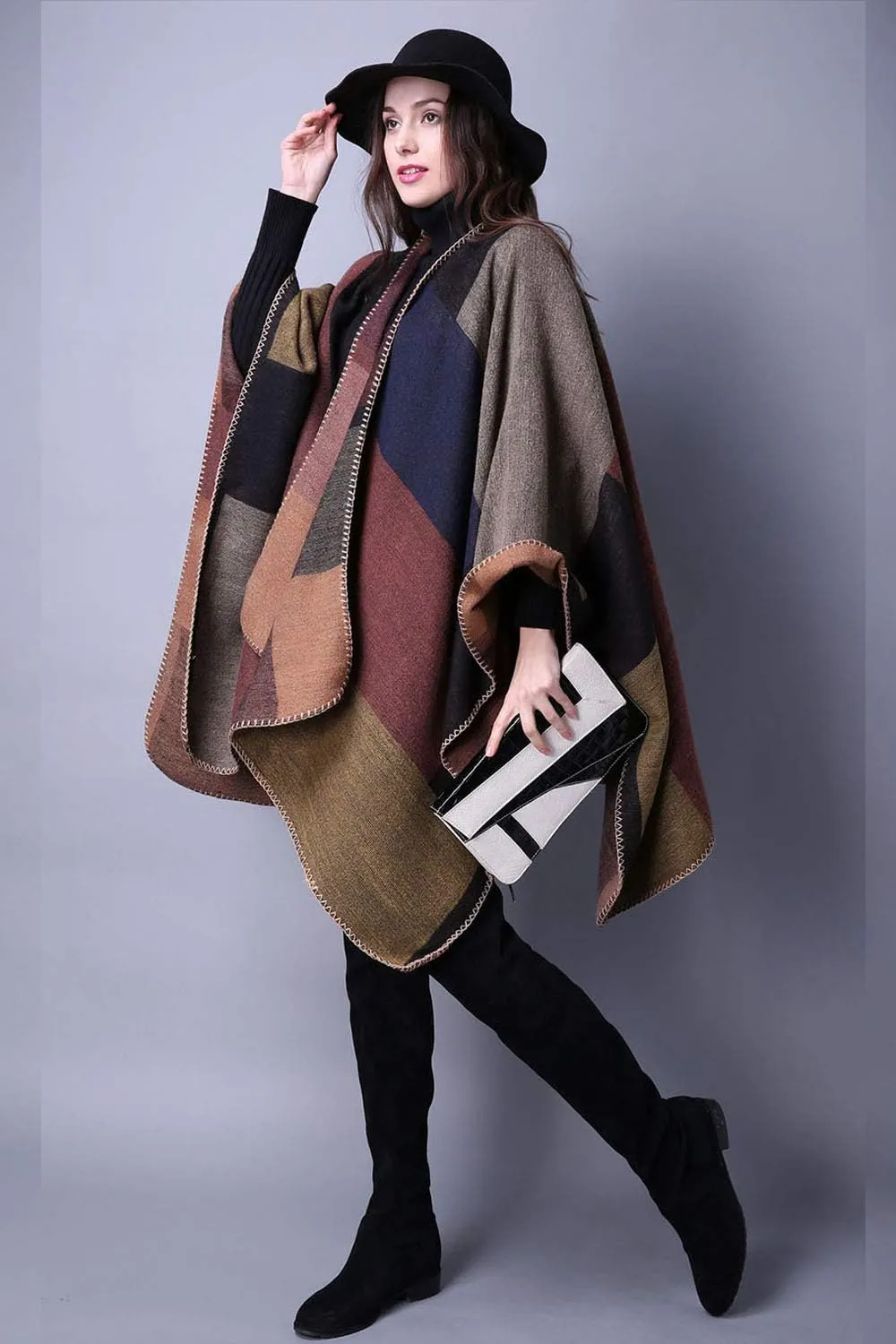 KirGiabo Women's Plaid Sweater Poncho Cape Coat Open Front Blanket Shawls and Wraps