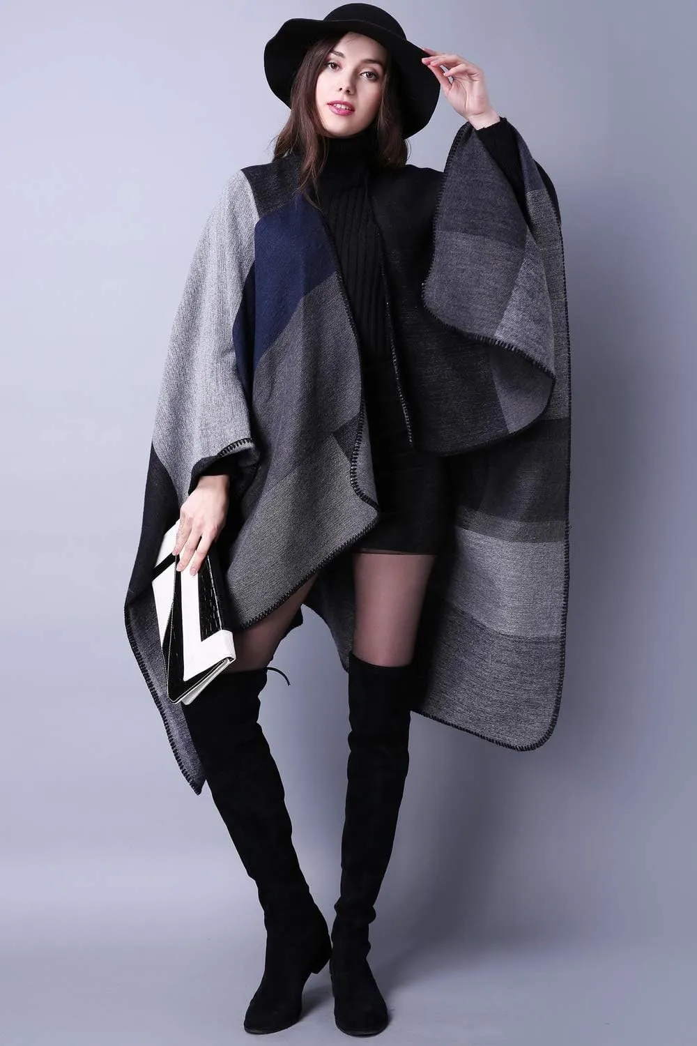 KirGiabo Women's Plaid Sweater Poncho Cape Coat Open Front Blanket Shawls and Wraps