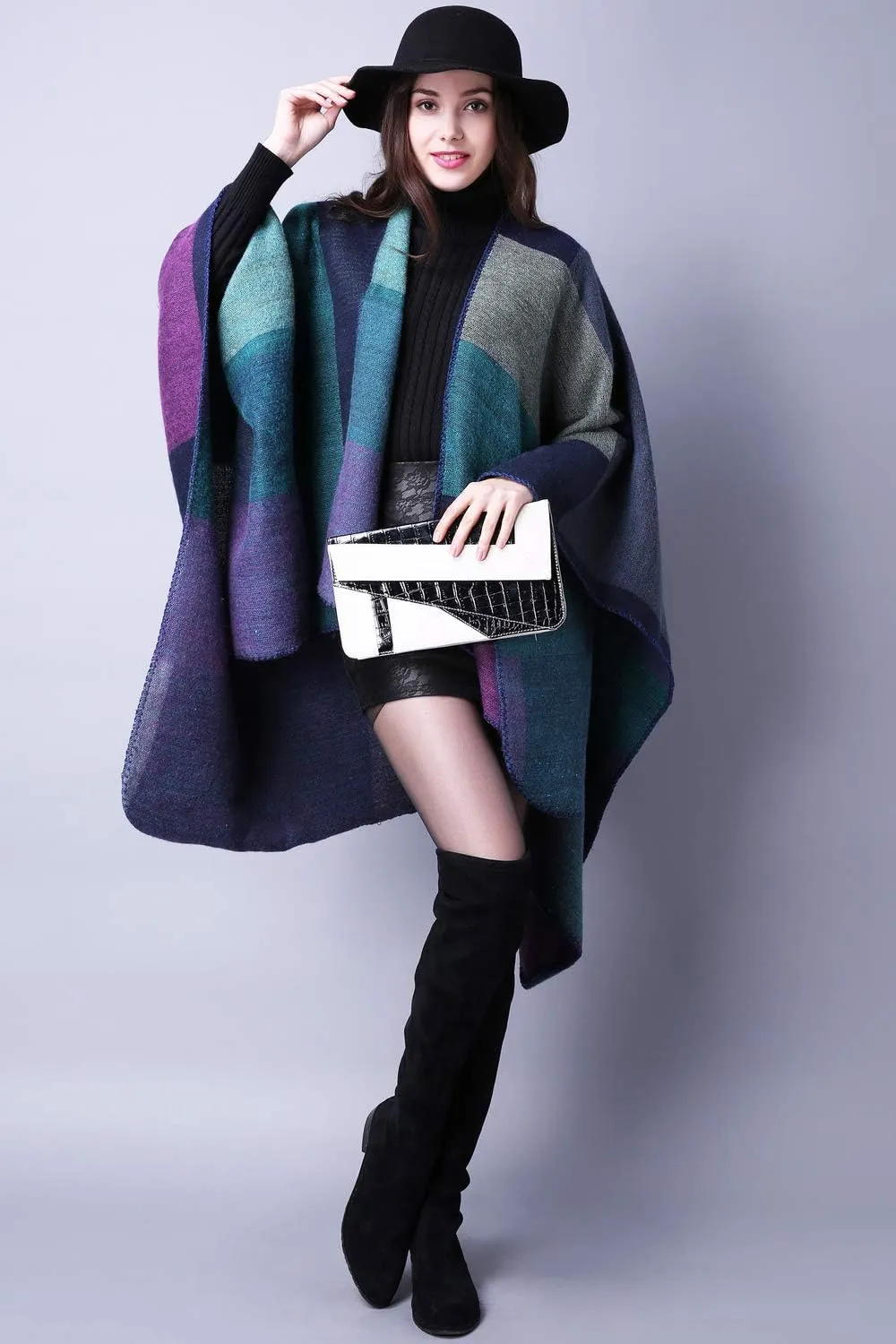 KirGiabo Women's Plaid Sweater Poncho Cape Coat Open Front Blanket Shawls and Wraps