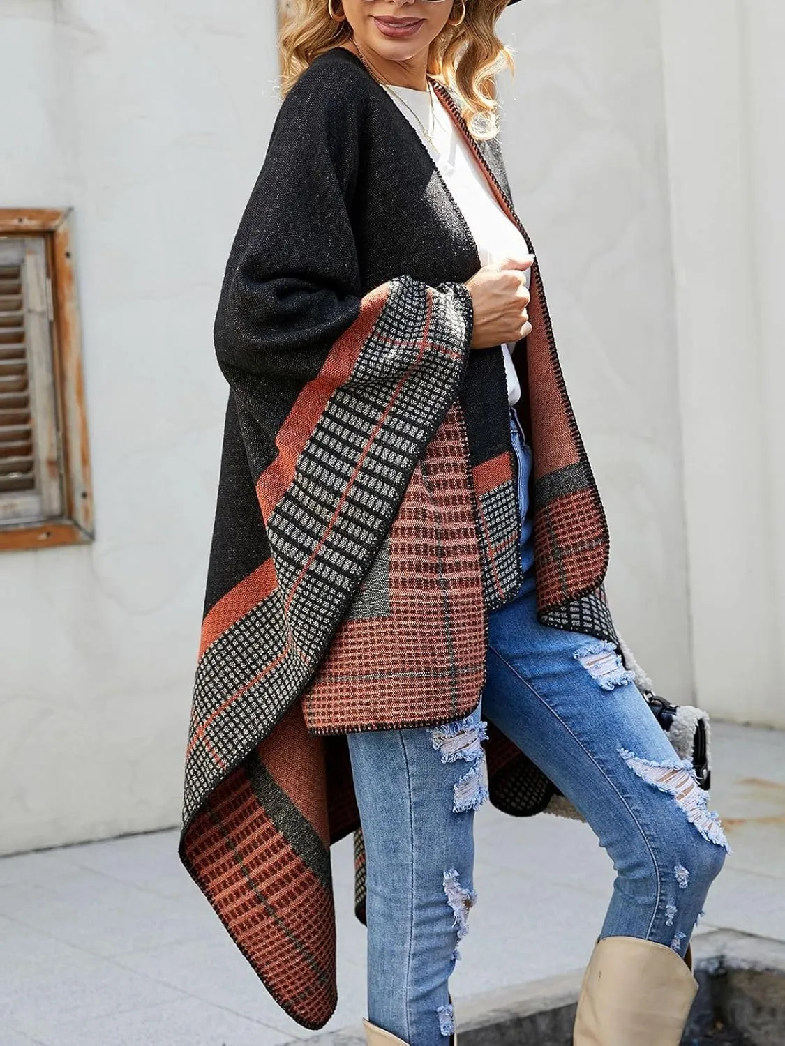 KirGiabo Women's Plaid Sweater Poncho Cape Coat Open Front Blanket Shawls and Wraps