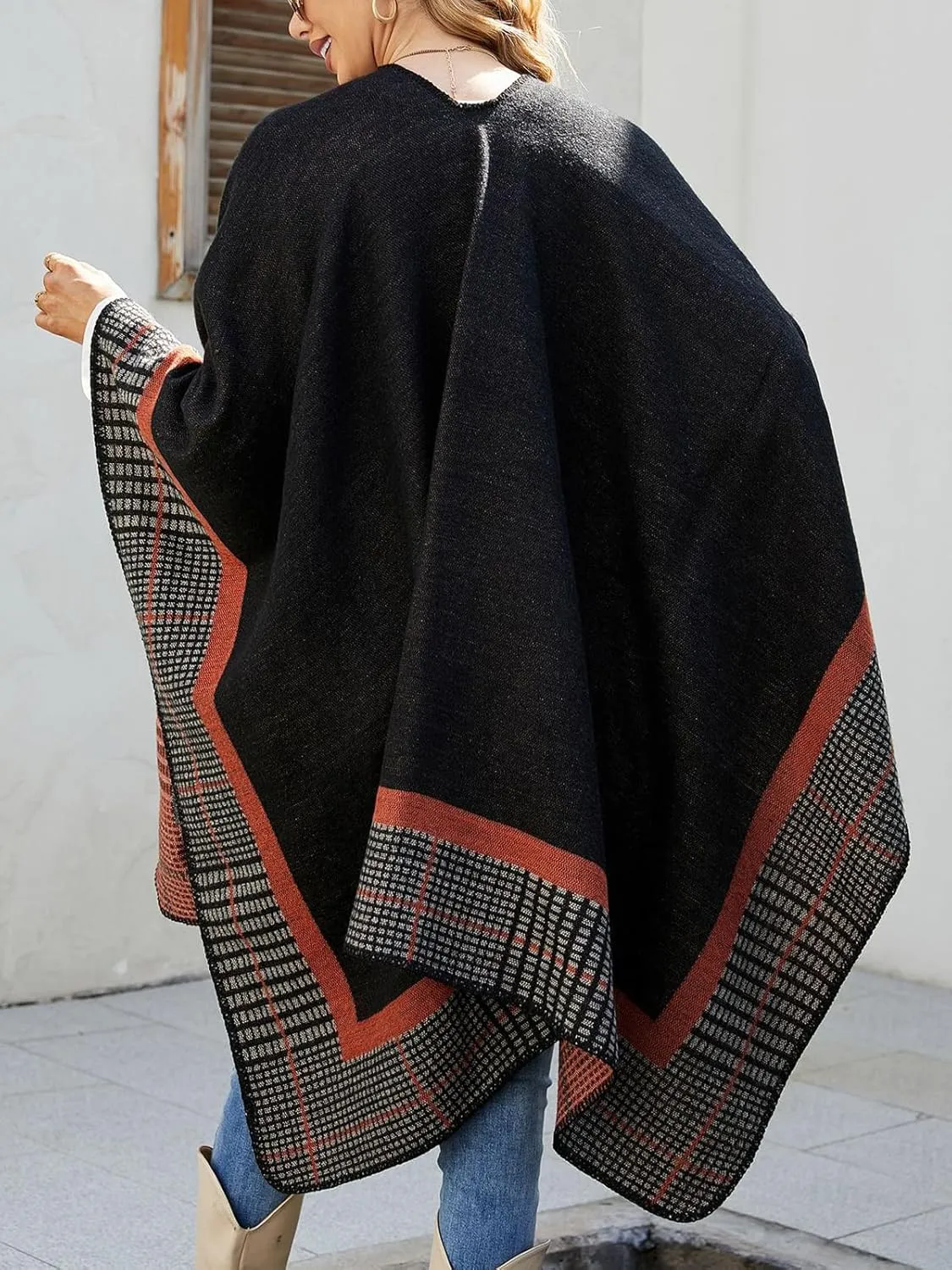 KirGiabo Women's Plaid Sweater Poncho Cape Coat Open Front Blanket Shawls and Wraps