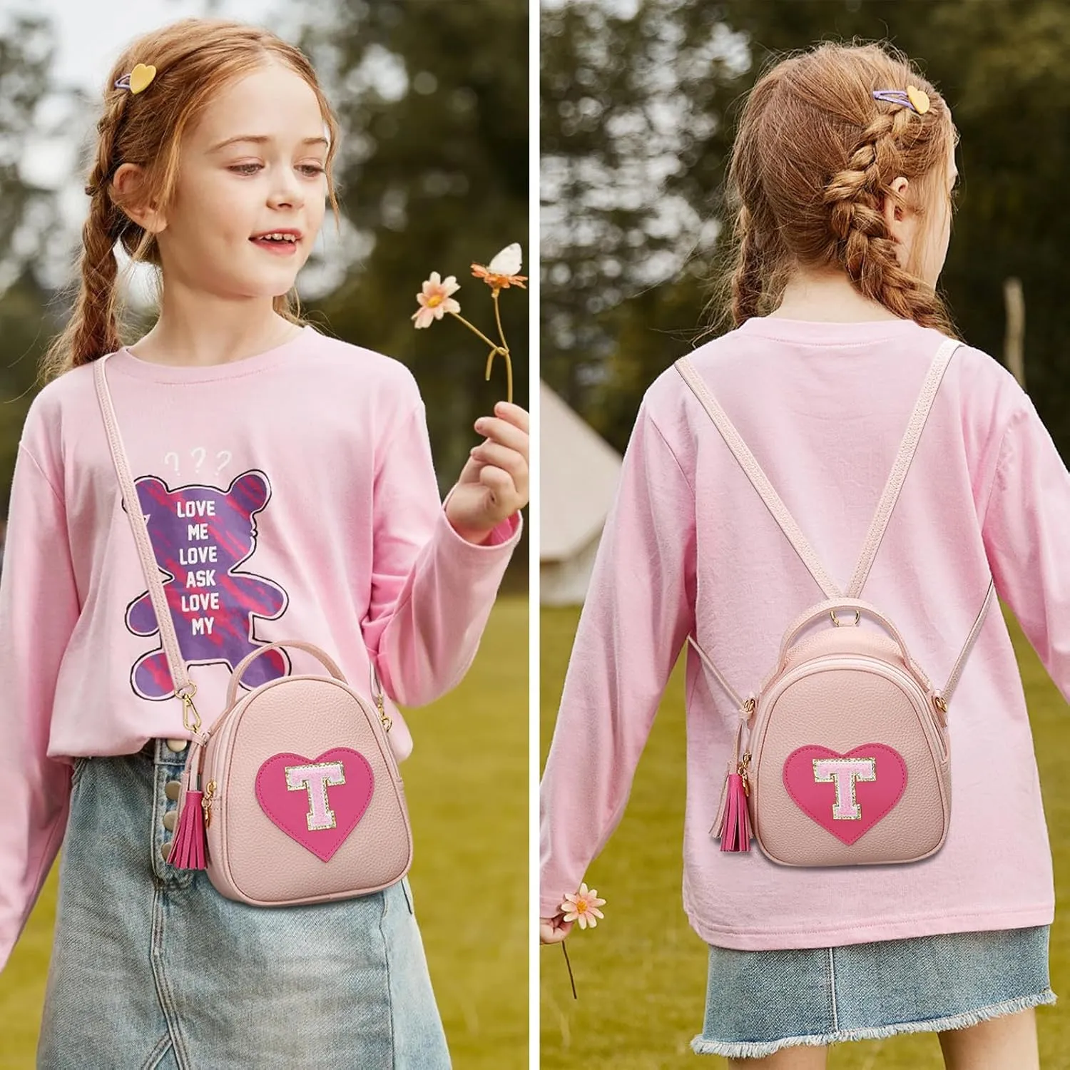 KKXIU Purse Gifts for Girls Cute Little Girl Crossbody Bag Heart Kids Small Backpack with Tassel (T)