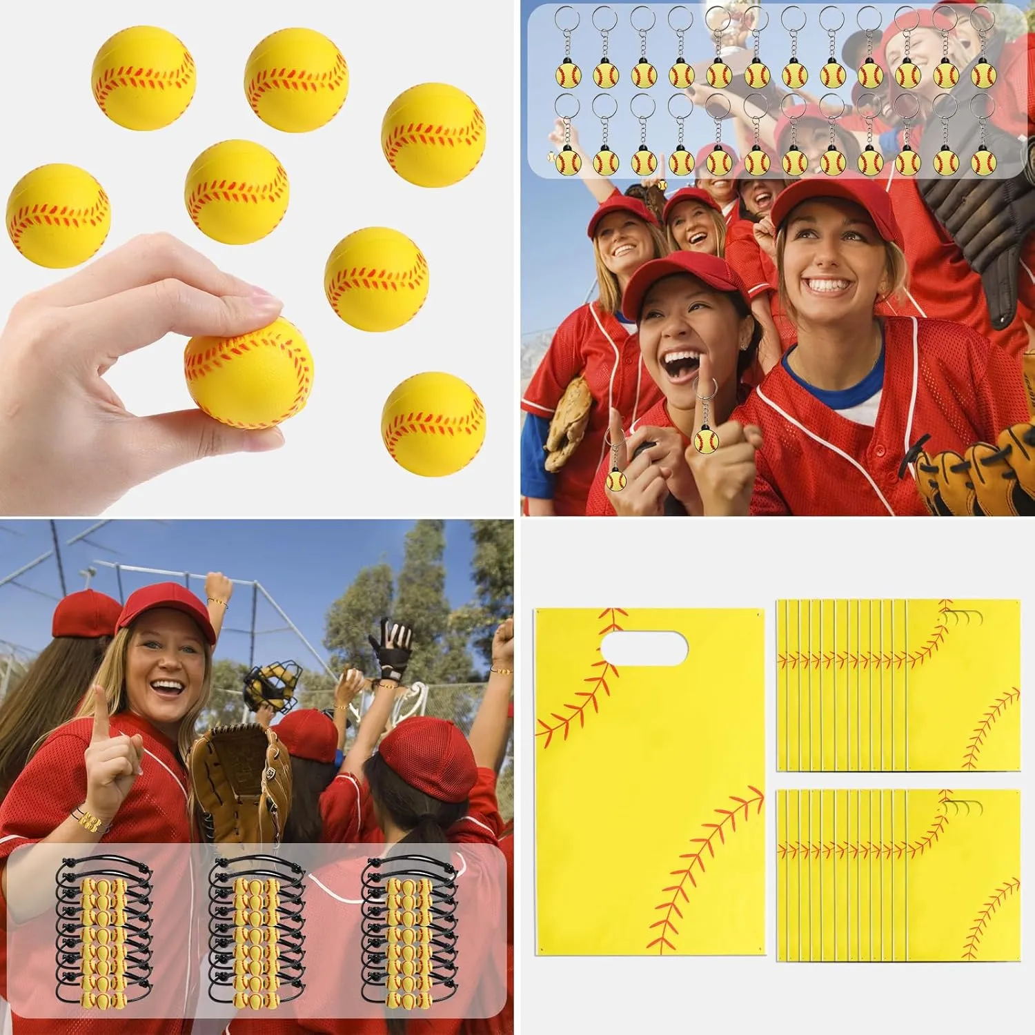 Kolewo4ever 295 Pieces Softball Party Favors Softball Themed Birthday Gift Goodie Bags Party Faovrs 24 Set Mini Foam Stress Balls,Slap Bracelet, Keychain, Charm Bracelets (Softball)