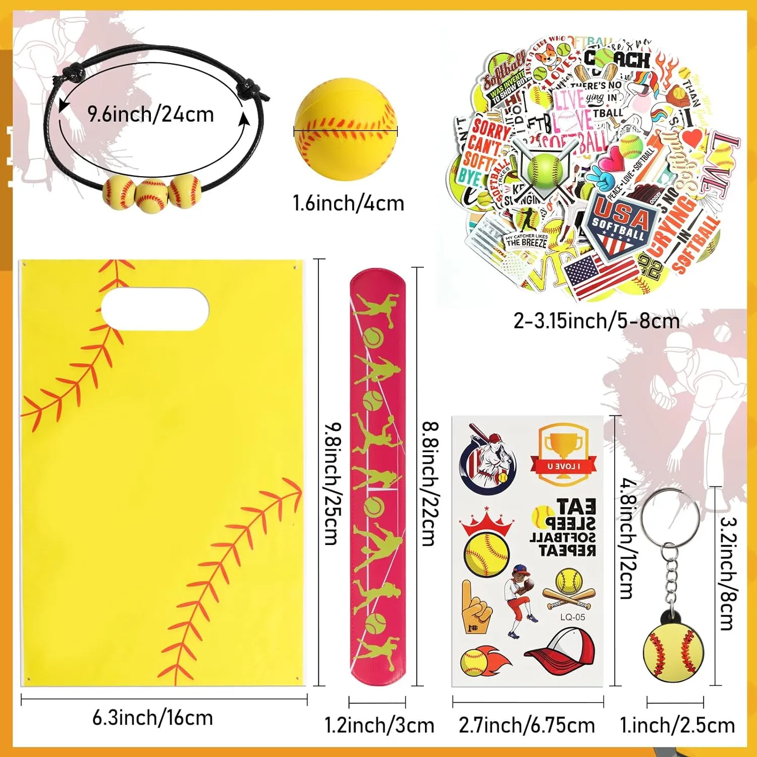 Kolewo4ever 295 Pieces Softball Party Favors Softball Themed Birthday Gift Goodie Bags Party Faovrs 24 Set Mini Foam Stress Balls,Slap Bracelet, Keychain, Charm Bracelets (Softball)